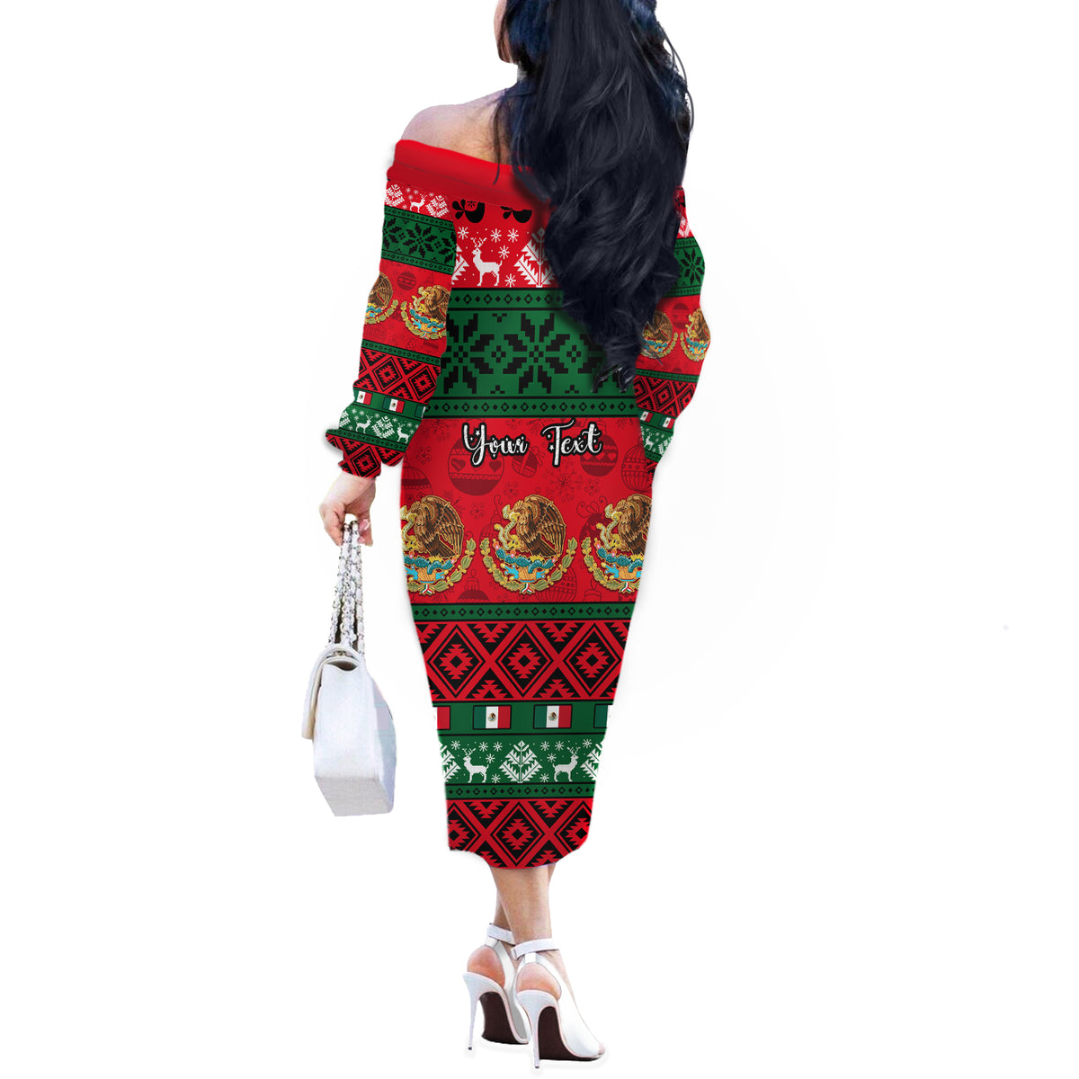 Personalised Mexico Christmas Off The Shoulder Long Sleeve Dress Feliz Navidad Mexican Pattern - Wonder Print Shop