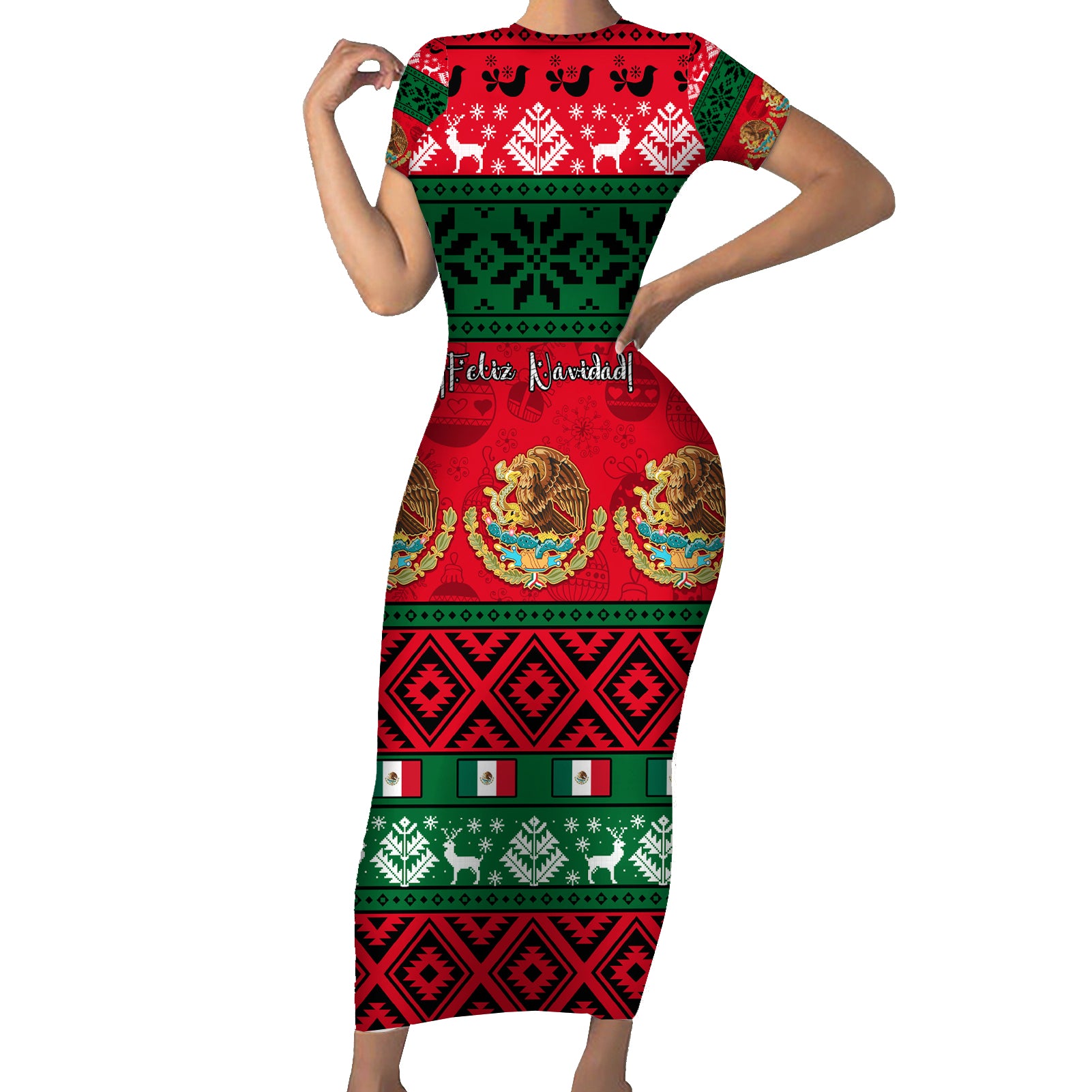 Personalised Mexico Christmas Short Sleeve Bodycon Dress Feliz Navidad Mexican Pattern - Wonder Print Shop