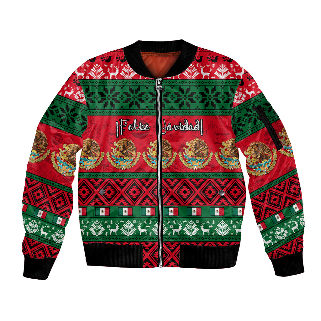 Personalised Mexico Christmas Sleeve Zip Bomber Jacket Feliz Navidad Mexican Pattern - Wonder Print Shop