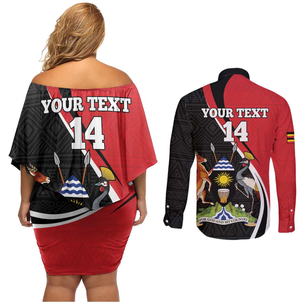 Uganda Rugby Custom Couples Matching Off Shoulder Short Dress and Long Sleeve Button Shirt Go Cranes - African Pattern - Wonder Print Shop