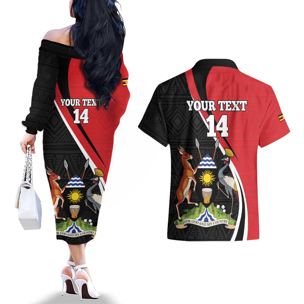 Uganda Rugby Custom Couples Matching Off The Shoulder Long Sleeve Dress and Hawaiian Shirt Go Cranes - African Pattern - Wonder Print Shop