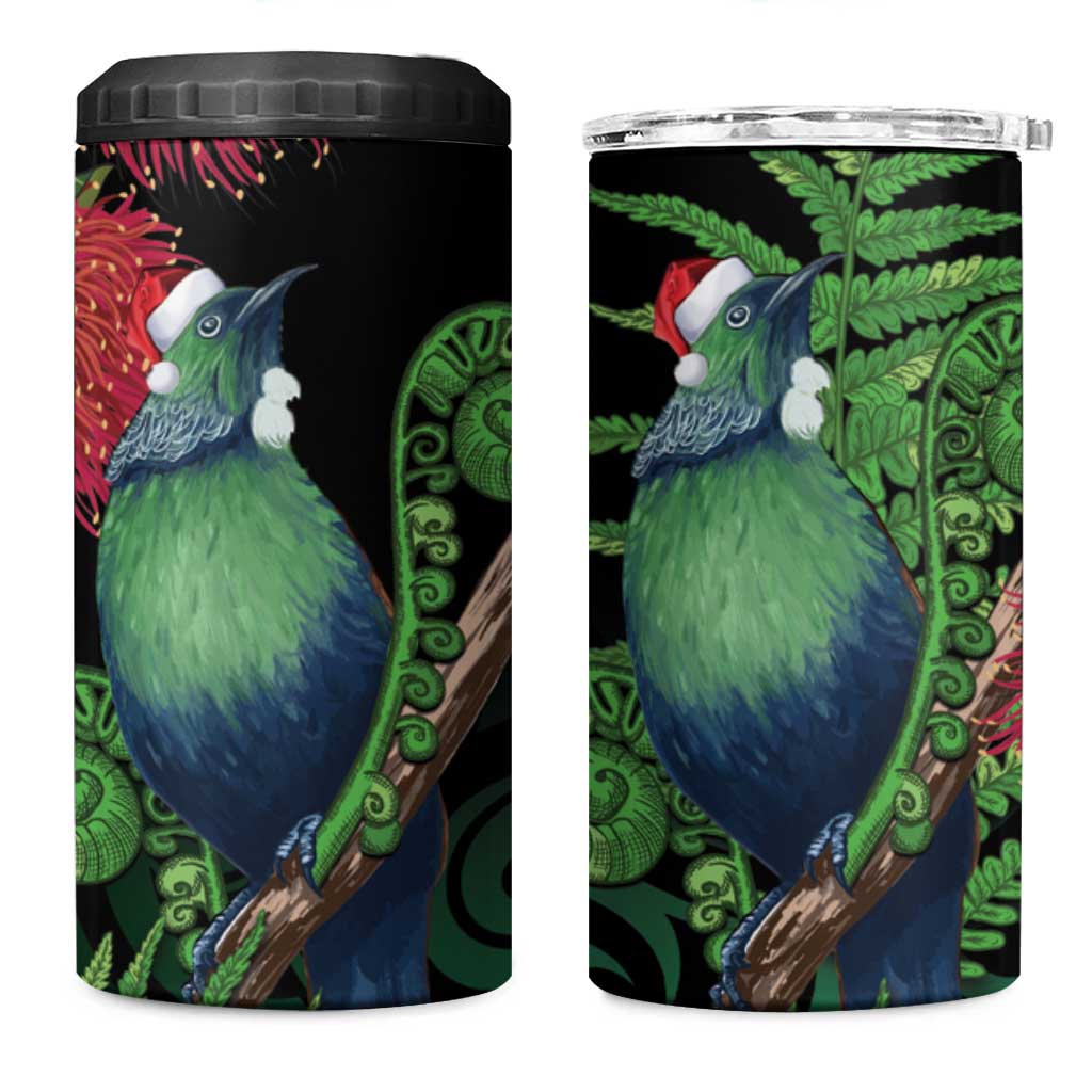 New Zealand Tui Bird Christmas 4 in 1 Can Cooler Tumbler Maori Fern Mix Pohotukawa - Wonder Print Shop