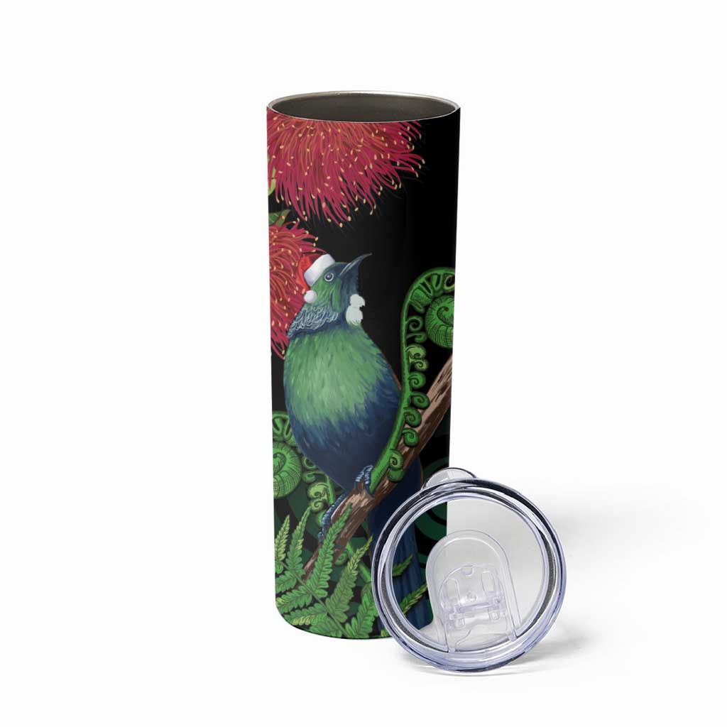 New Zealand Tui Bird Christmas Skinny Tumbler Maori Fern Mix Pohotukawa - Wonder Print Shop
