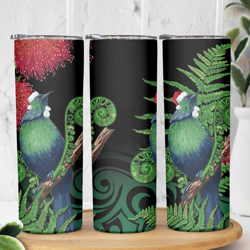 New Zealand Tui Bird Christmas Skinny Tumbler Maori Fern Mix Pohotukawa - Wonder Print Shop