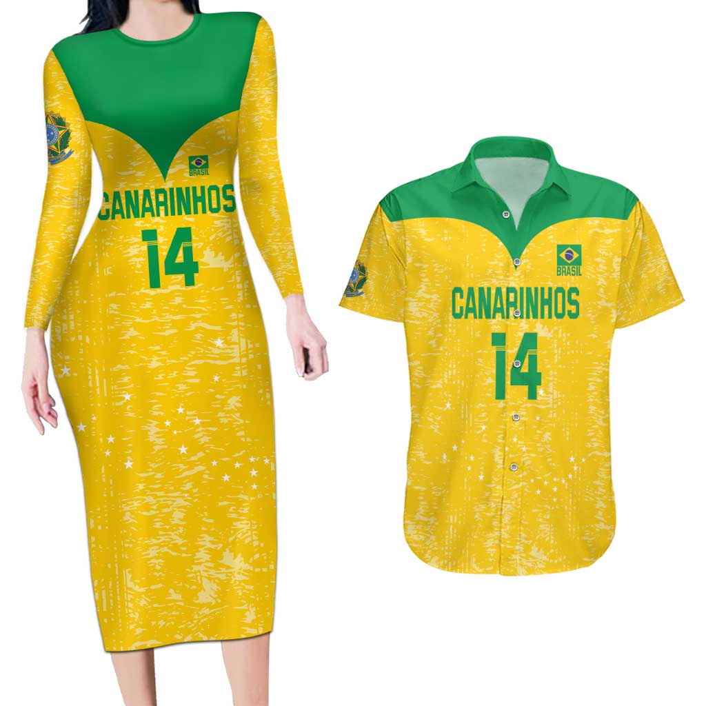 Custom Brasil Volleyball Couples Matching Long Sleeve Bodycon Dress and Hawaiian Shirt Vai Canarinhos!