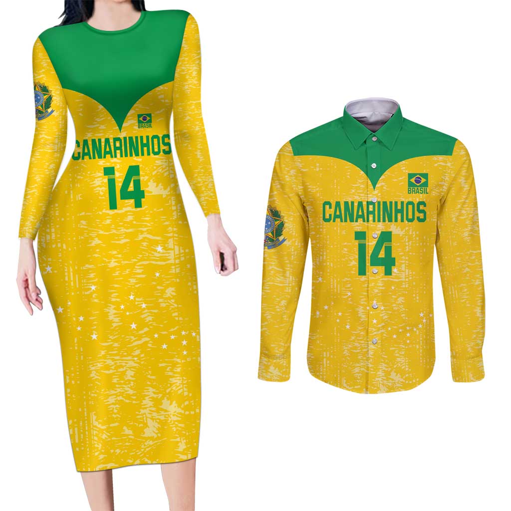 Custom Brasil Volleyball Couples Matching Long Sleeve Bodycon Dress and Long Sleeve Button Shirt Vai Canarinhos!