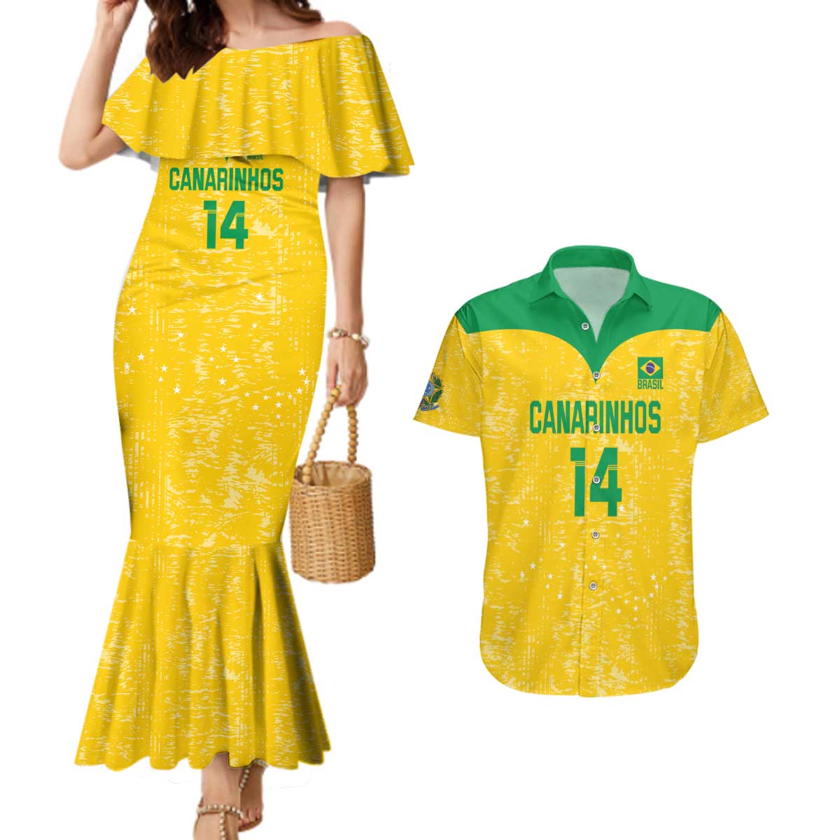 Custom Brasil Volleyball Couples Matching Mermaid Dress and Hawaiian Shirt Vai Canarinhos!