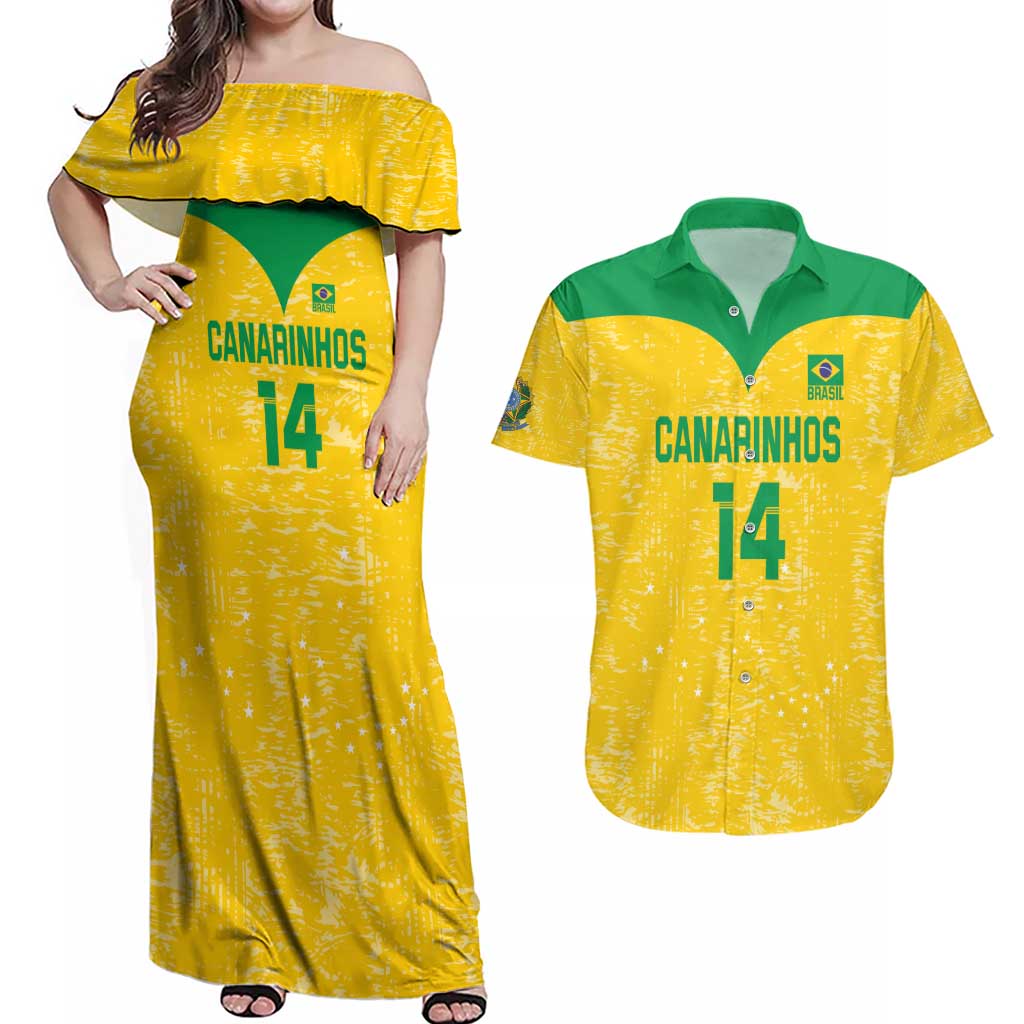 Custom Brasil Volleyball Couples Matching Off Shoulder Maxi Dress and Hawaiian Shirt Vai Canarinhos!