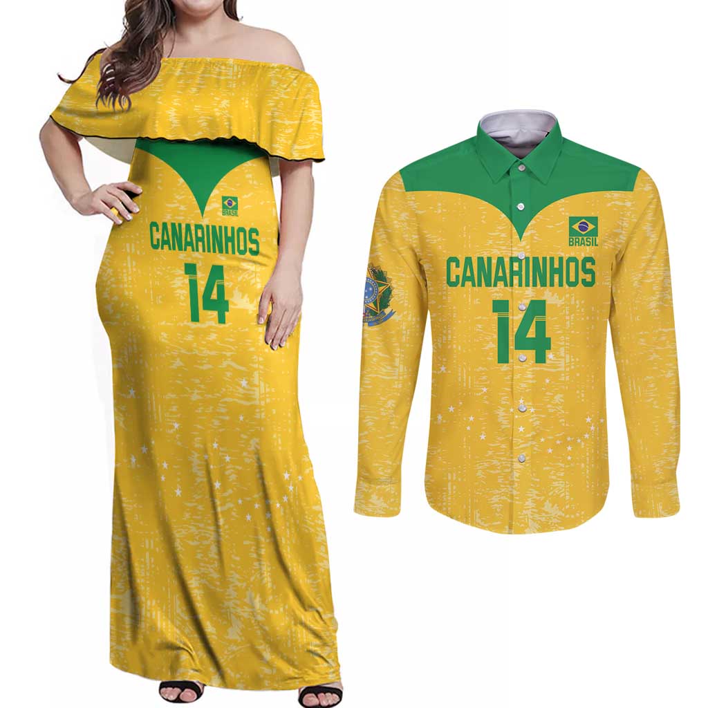 Custom Brasil Volleyball Couples Matching Off Shoulder Maxi Dress and Long Sleeve Button Shirt Vai Canarinhos!