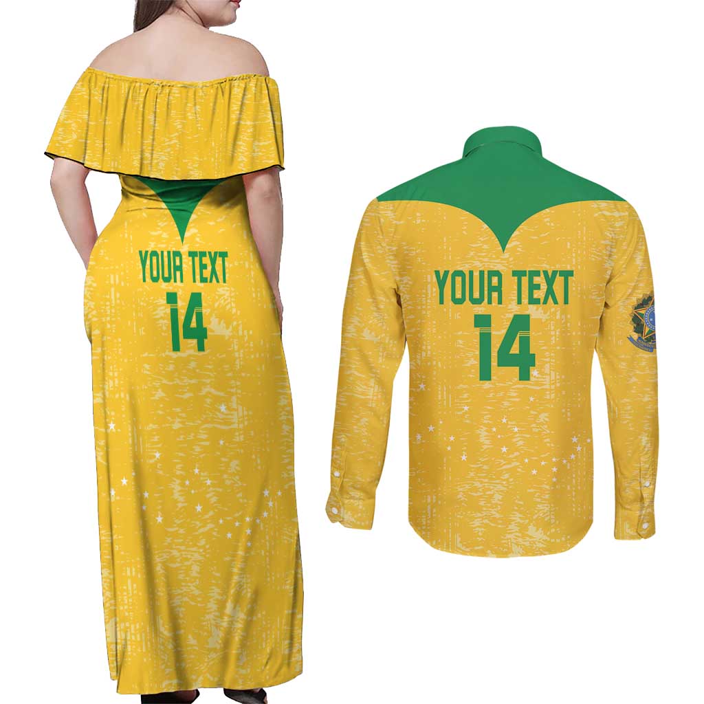 Custom Brasil Volleyball Couples Matching Off Shoulder Maxi Dress and Long Sleeve Button Shirt Vai Canarinhos!