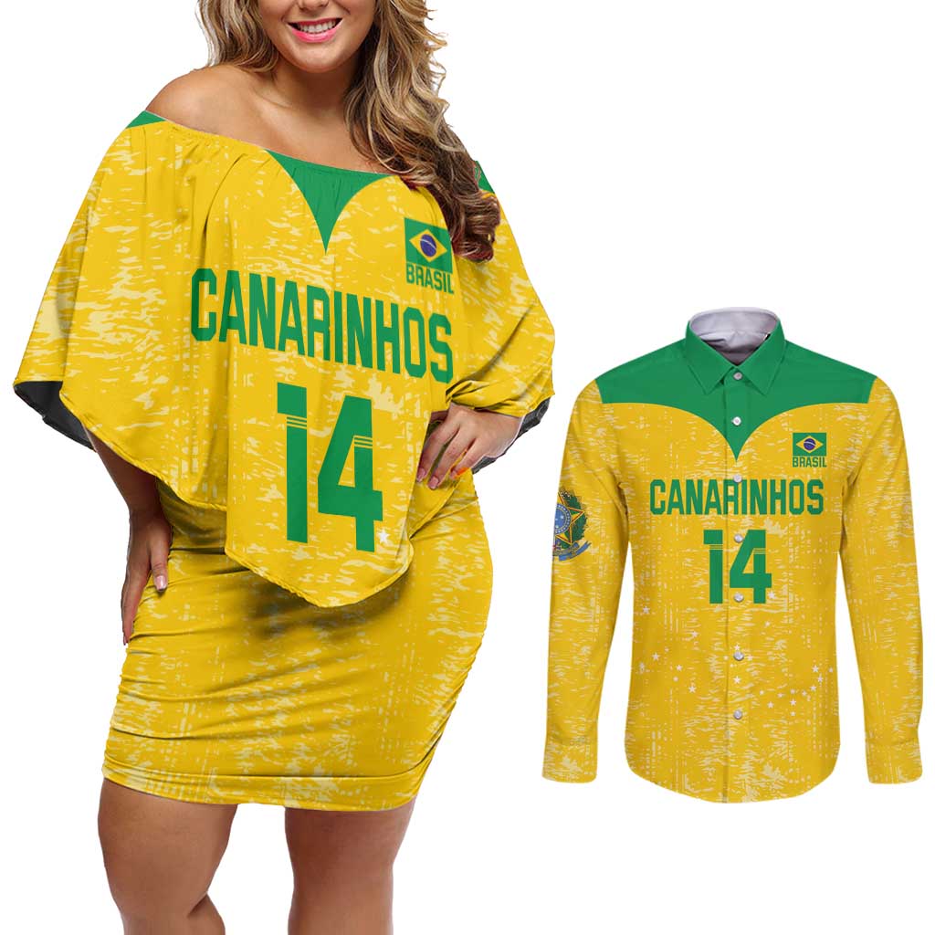 Custom Brasil Volleyball Couples Matching Off Shoulder Short Dress and Long Sleeve Button Shirt Vai Canarinhos!