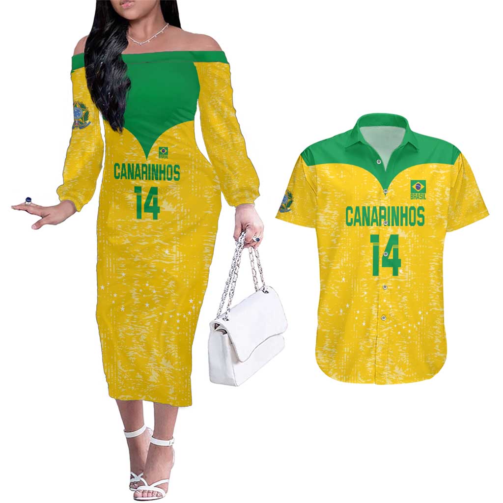 Custom Brasil Volleyball Couples Matching Off The Shoulder Long Sleeve Dress and Hawaiian Shirt Vai Canarinhos!