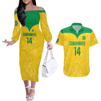 Custom Brasil Volleyball Couples Matching Off The Shoulder Long Sleeve Dress and Hawaiian Shirt Vai Canarinhos!