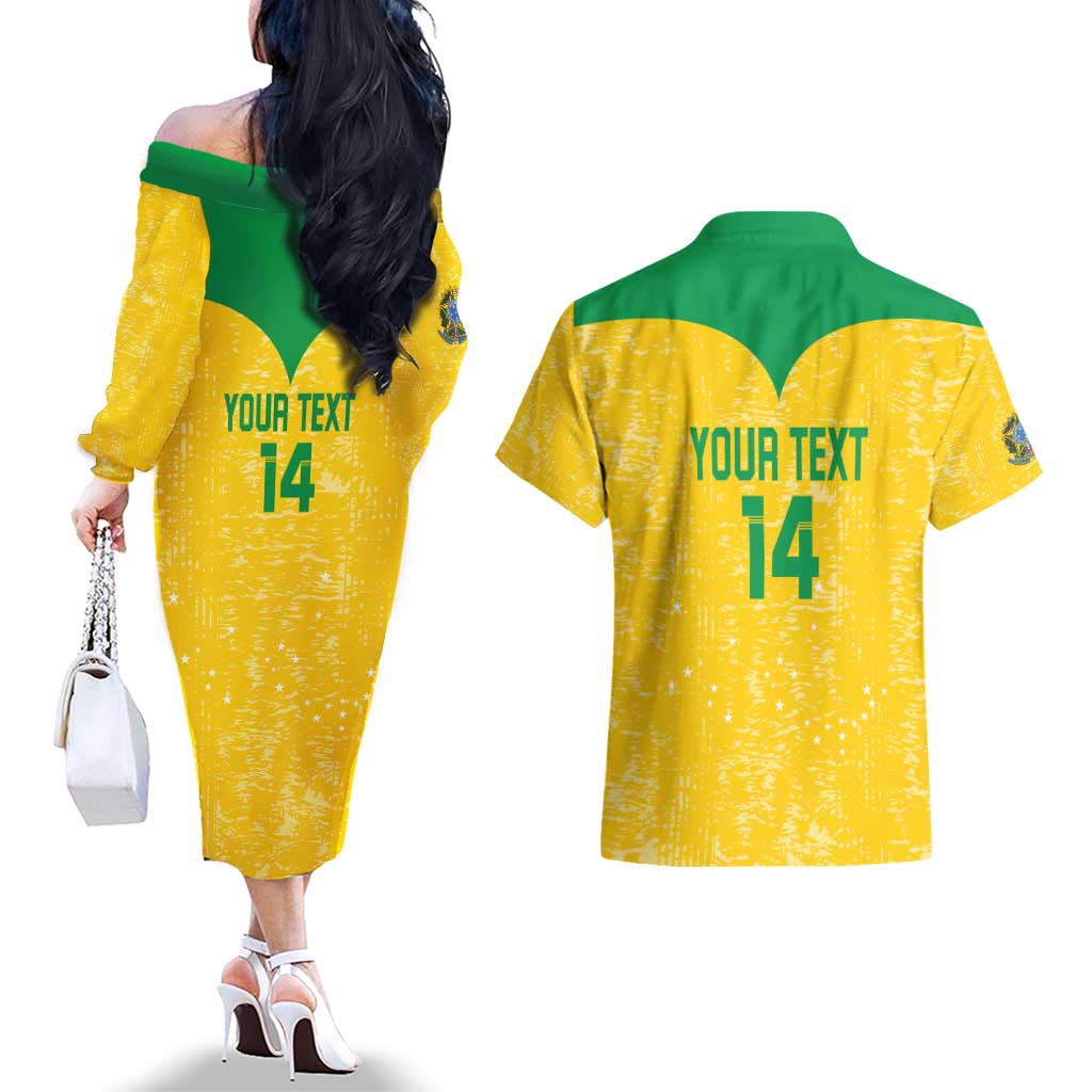 Custom Brasil Volleyball Couples Matching Off The Shoulder Long Sleeve Dress and Hawaiian Shirt Vai Canarinhos!
