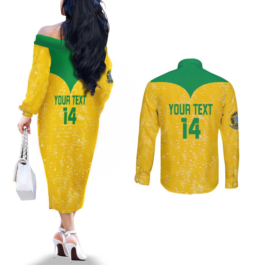 Custom Brasil Volleyball Couples Matching Off The Shoulder Long Sleeve Dress and Long Sleeve Button Shirt Vai Canarinhos!