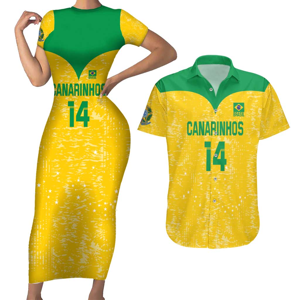 Custom Brasil Volleyball Couples Matching Short Sleeve Bodycon Dress and Hawaiian Shirt Vai Canarinhos!