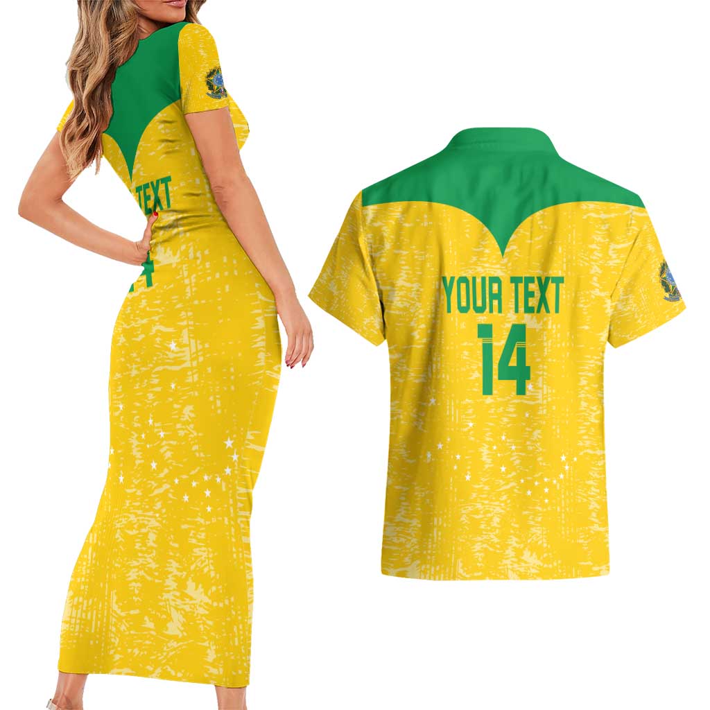 Custom Brasil Volleyball Couples Matching Short Sleeve Bodycon Dress and Hawaiian Shirt Vai Canarinhos!