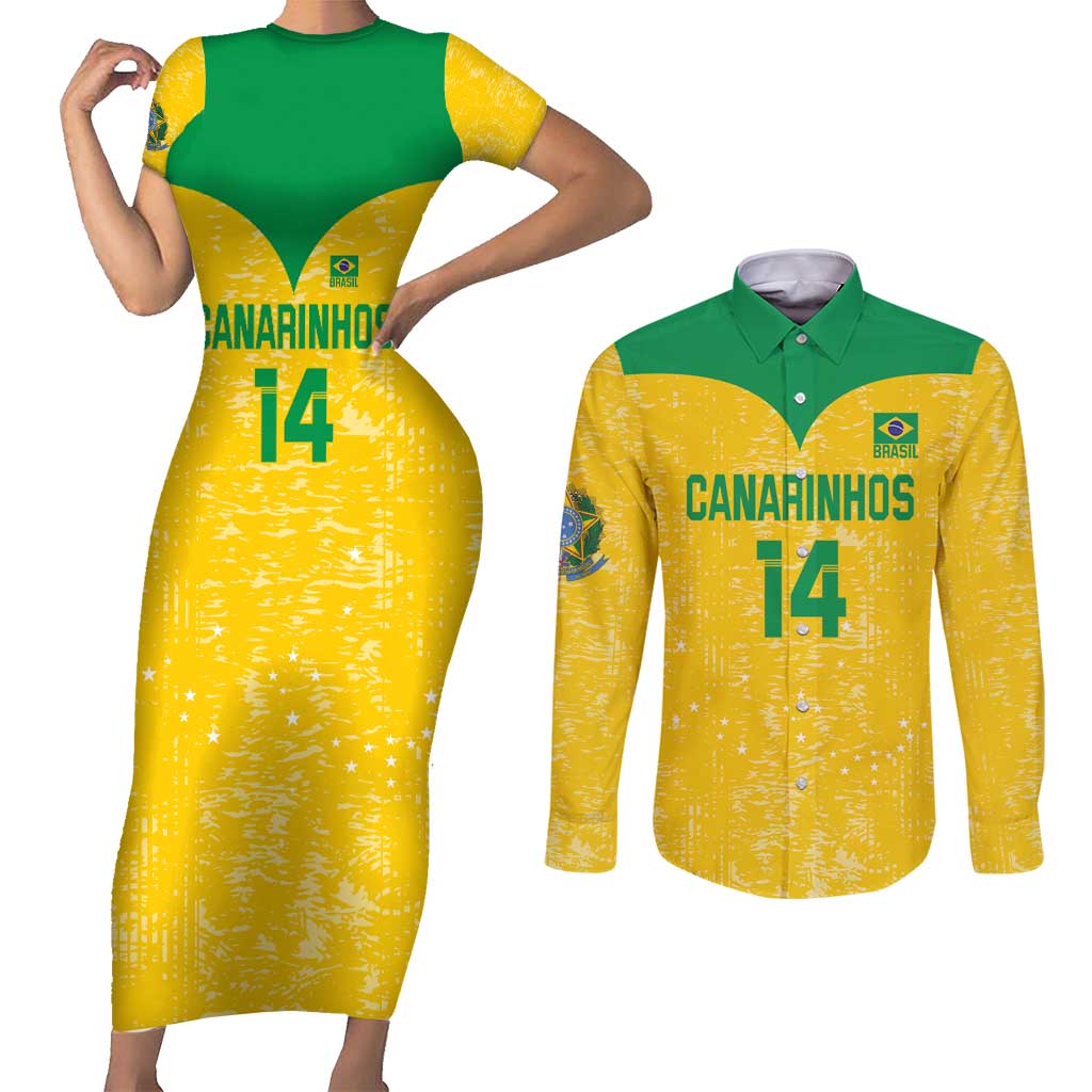 Custom Brasil Volleyball Couples Matching Short Sleeve Bodycon Dress and Long Sleeve Button Shirt Vai Canarinhos!