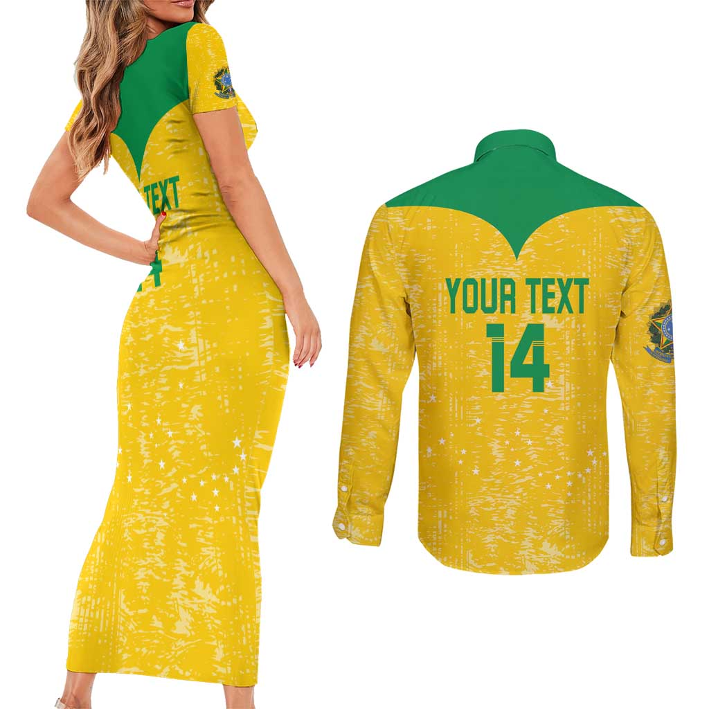 Custom Brasil Volleyball Couples Matching Short Sleeve Bodycon Dress and Long Sleeve Button Shirt Vai Canarinhos!