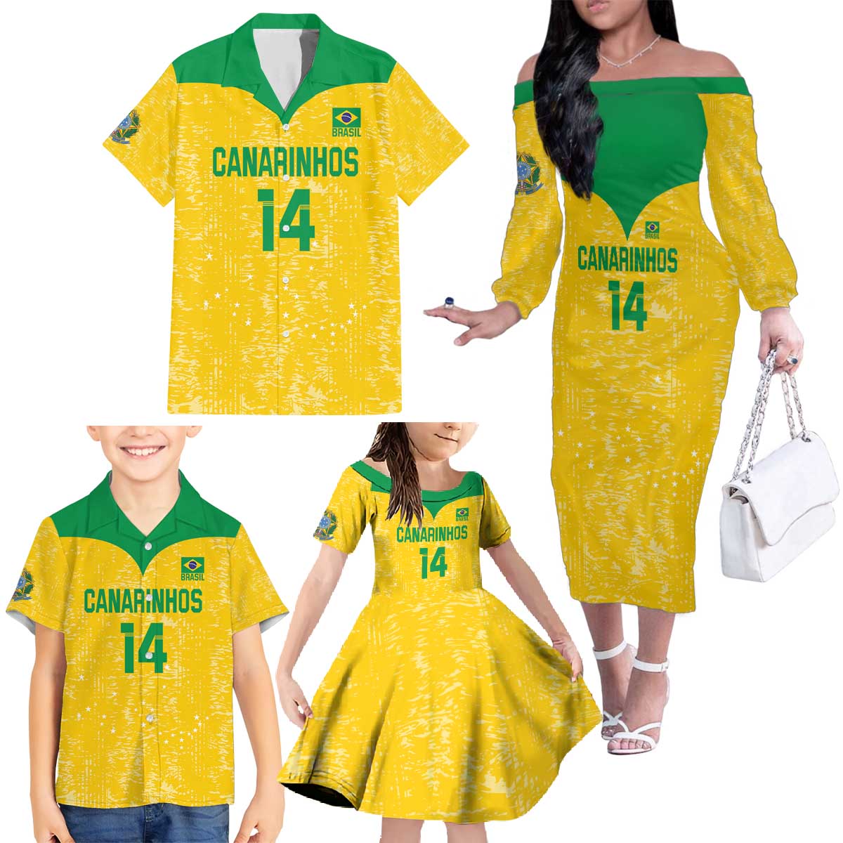 Custom Brasil Volleyball Family Matching Off The Shoulder Long Sleeve Dress and Hawaiian Shirt Vai Canarinhos!
