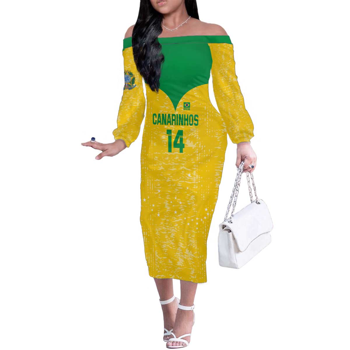 Custom Brasil Volleyball Family Matching Off The Shoulder Long Sleeve Dress and Hawaiian Shirt Vai Canarinhos!