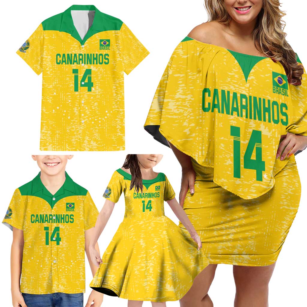 Custom Brasil Volleyball Family Matching Off Shoulder Short Dress and Hawaiian Shirt Vai Canarinhos!