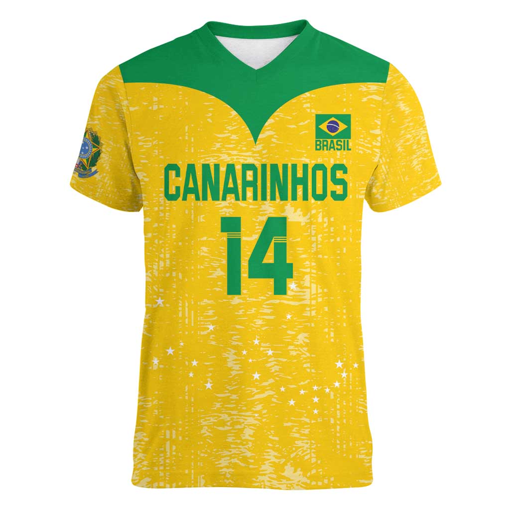 Custom Brasil Volleyball Women V-Neck T-Shirt Vai Canarinhos! - Wonder Print Shop