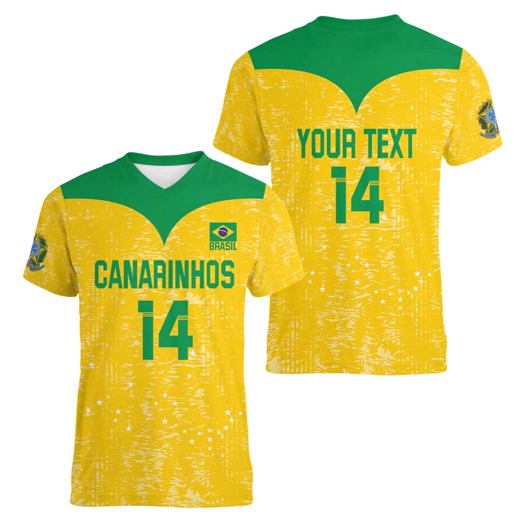 Custom Brasil Volleyball Women V-Neck T-Shirt Vai Canarinhos! - Wonder Print Shop
