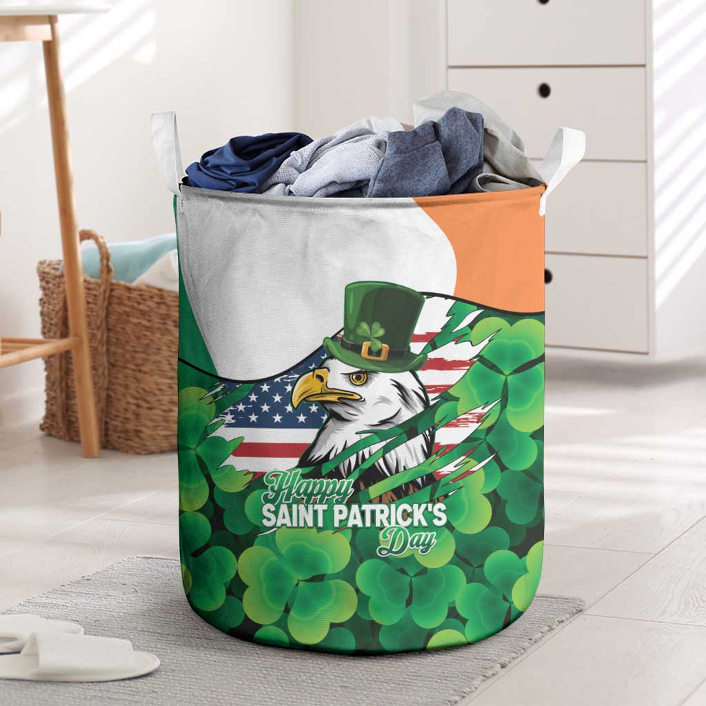 Irish American St Patrick's Day Laundry Basket USA Eagle Leprechaun Hat Shamrock Pattern