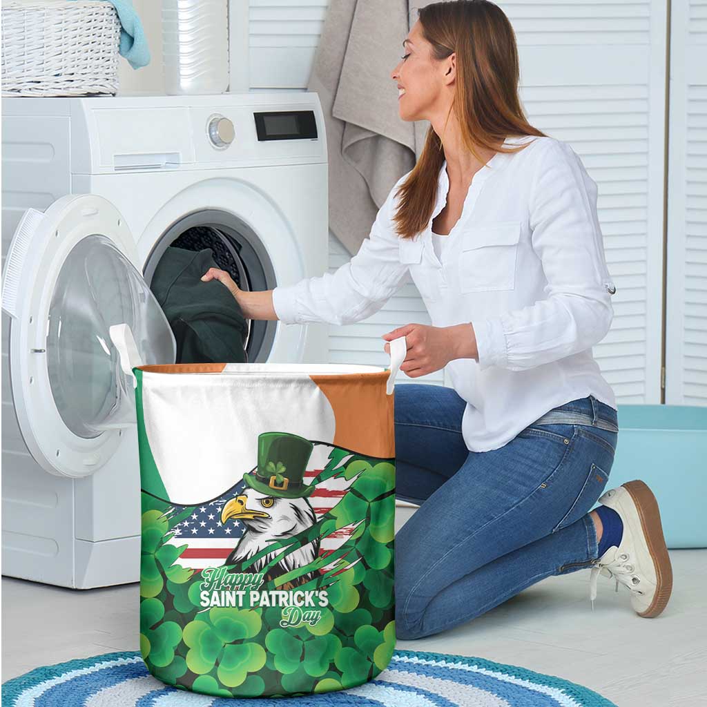 Irish American St Patrick's Day Laundry Basket USA Eagle Leprechaun Hat Shamrock Pattern