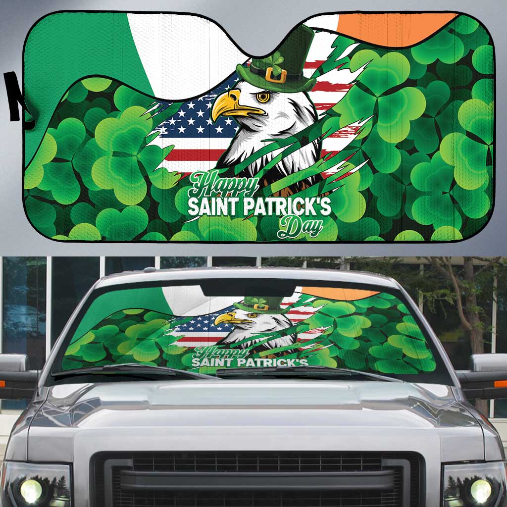 Irish American St Patrick's Day Auto Sun Shade USA Eagle Leprechaun Hat Shamrock Pattern
