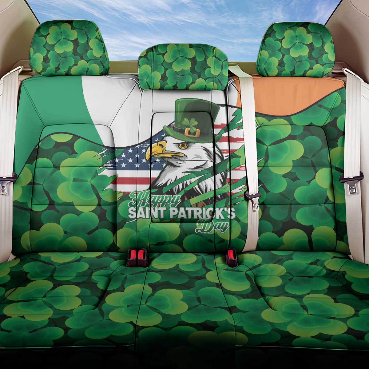 Irish American St Patrick's Day Back Car Seat Cover USA Eagle Leprechaun Hat Shamrock Pattern