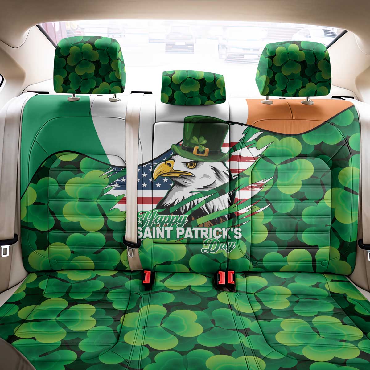 Irish American St Patrick's Day Back Car Seat Cover USA Eagle Leprechaun Hat Shamrock Pattern