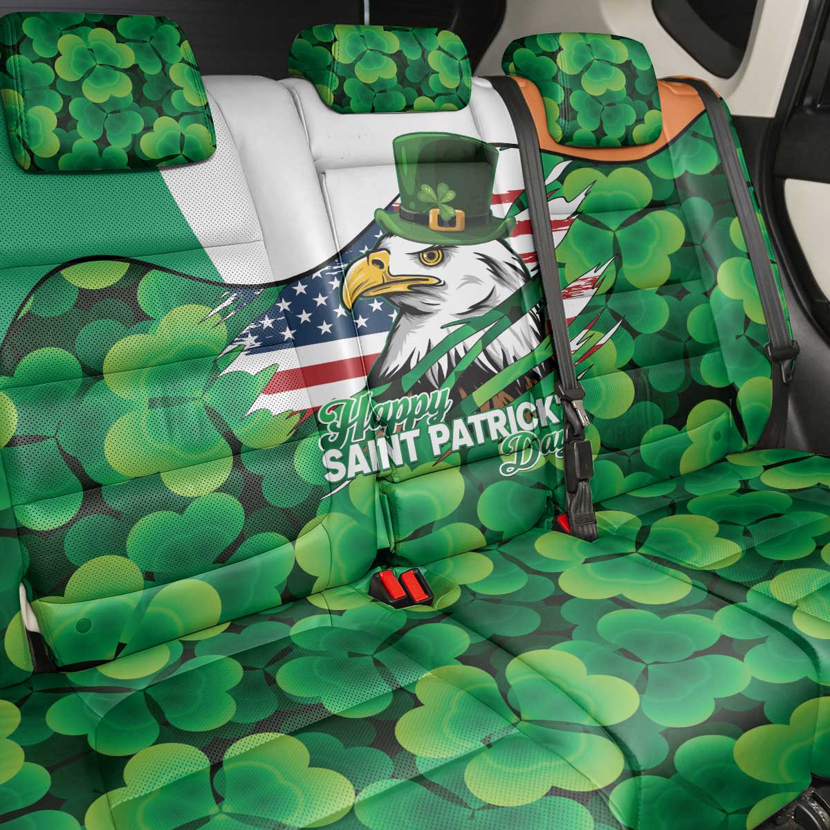 Irish American St Patrick's Day Back Car Seat Cover USA Eagle Leprechaun Hat Shamrock Pattern