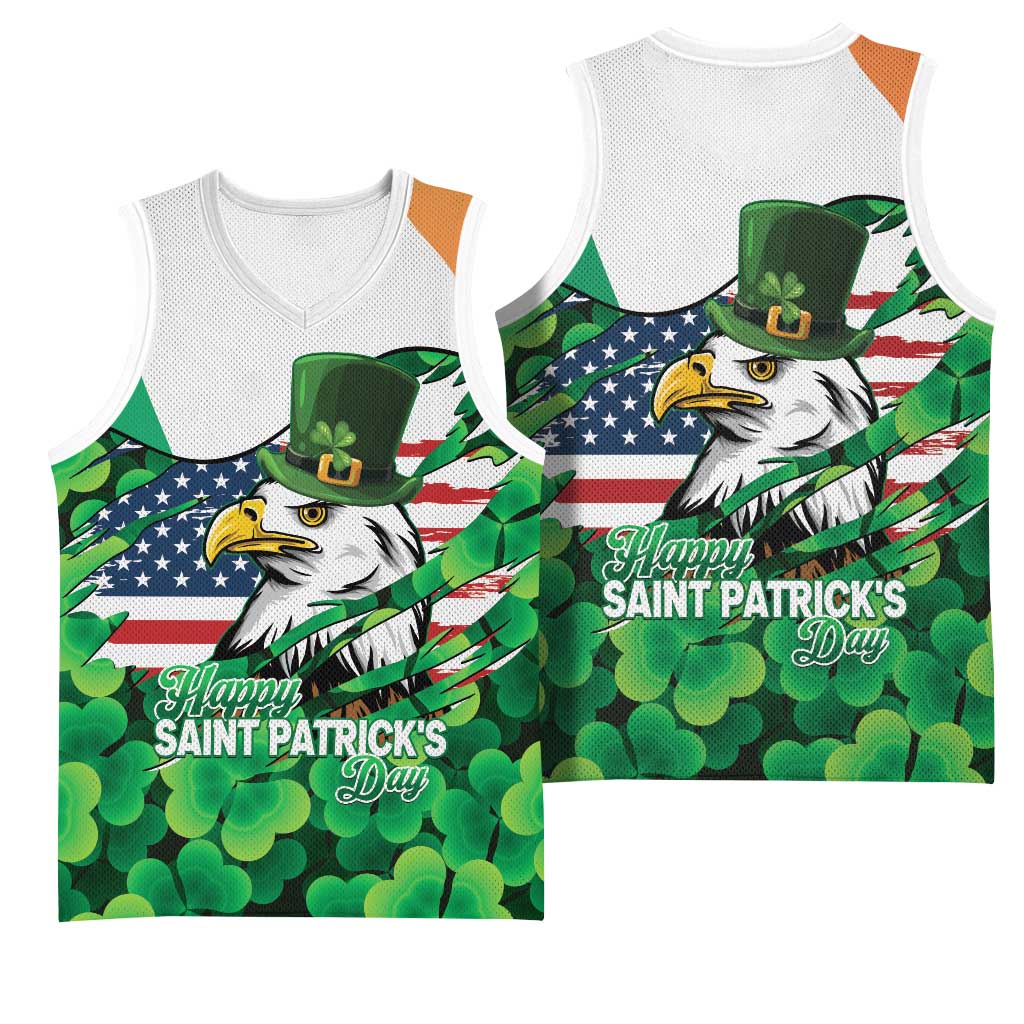 Irish American St Patrick's Day Basketball Jersey USA Eagle Leprechaun Hat Shamrock Pattern