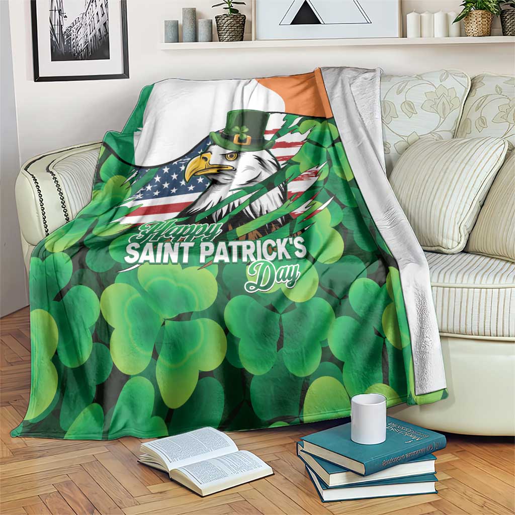 Irish American St Patrick's Day Blanket USA Eagle Leprechaun Hat Shamrock Pattern