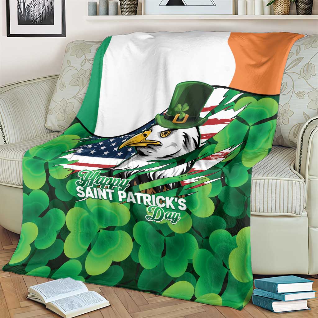 Irish American St Patrick's Day Blanket USA Eagle Leprechaun Hat Shamrock Pattern