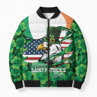 Irish American St Patrick's Day Bomber Puffer Jacket USA Eagle Leprechaun Hat Shamrock Pattern