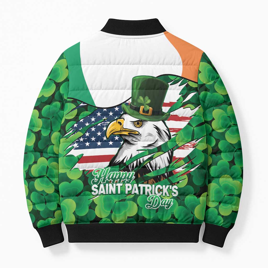 Irish American St Patrick's Day Bomber Puffer Jacket USA Eagle Leprechaun Hat Shamrock Pattern