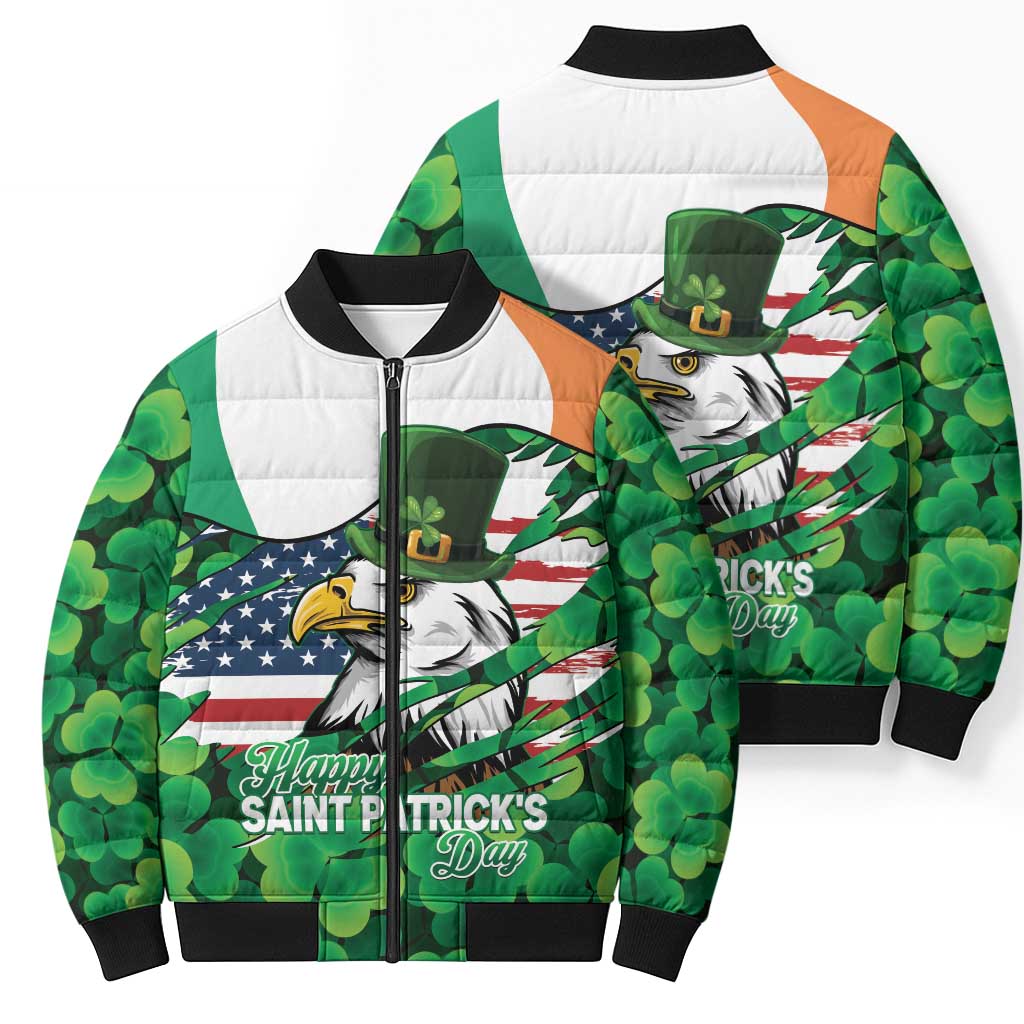 Irish American St Patrick's Day Bomber Puffer Jacket USA Eagle Leprechaun Hat Shamrock Pattern