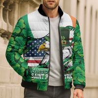 Irish American St Patrick's Day Bomber Puffer Jacket USA Eagle Leprechaun Hat Shamrock Pattern