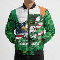 Irish American St Patrick's Day Bomber Puffer Jacket USA Eagle Leprechaun Hat Shamrock Pattern