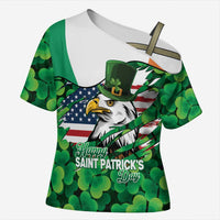 Irish American St Patrick's Day Cross Shoulder Shirt USA Eagle Leprechaun Hat Shamrock Pattern
