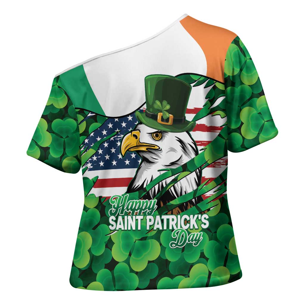 Irish American St Patrick's Day Cross Shoulder Shirt USA Eagle Leprechaun Hat Shamrock Pattern
