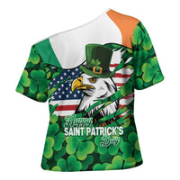 Irish American St Patrick's Day Cross Shoulder Shirt USA Eagle Leprechaun Hat Shamrock Pattern