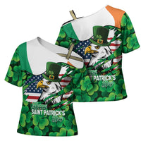 Irish American St Patrick's Day Cross Shoulder Shirt USA Eagle Leprechaun Hat Shamrock Pattern