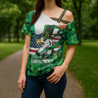 Irish American St Patrick's Day Cross Shoulder Shirt USA Eagle Leprechaun Hat Shamrock Pattern