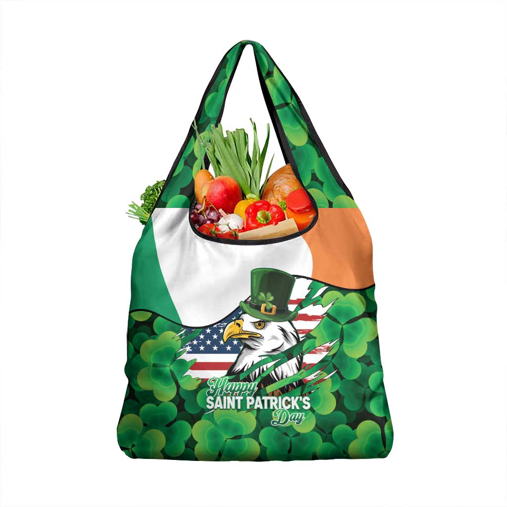 Irish American St Patrick's Day Grocery Bag USA Eagle Leprechaun Hat Shamrock Pattern