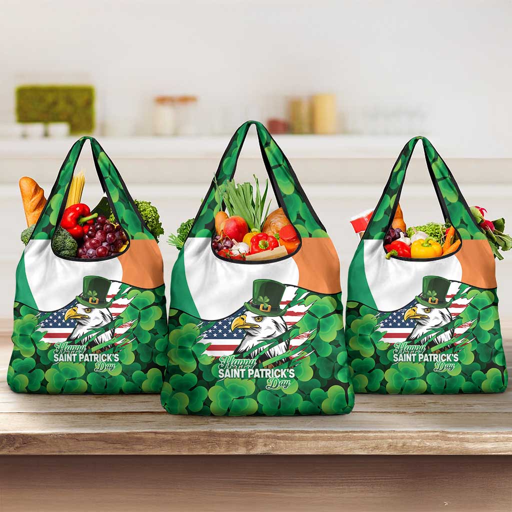 Irish American St Patrick's Day Grocery Bag USA Eagle Leprechaun Hat Shamrock Pattern