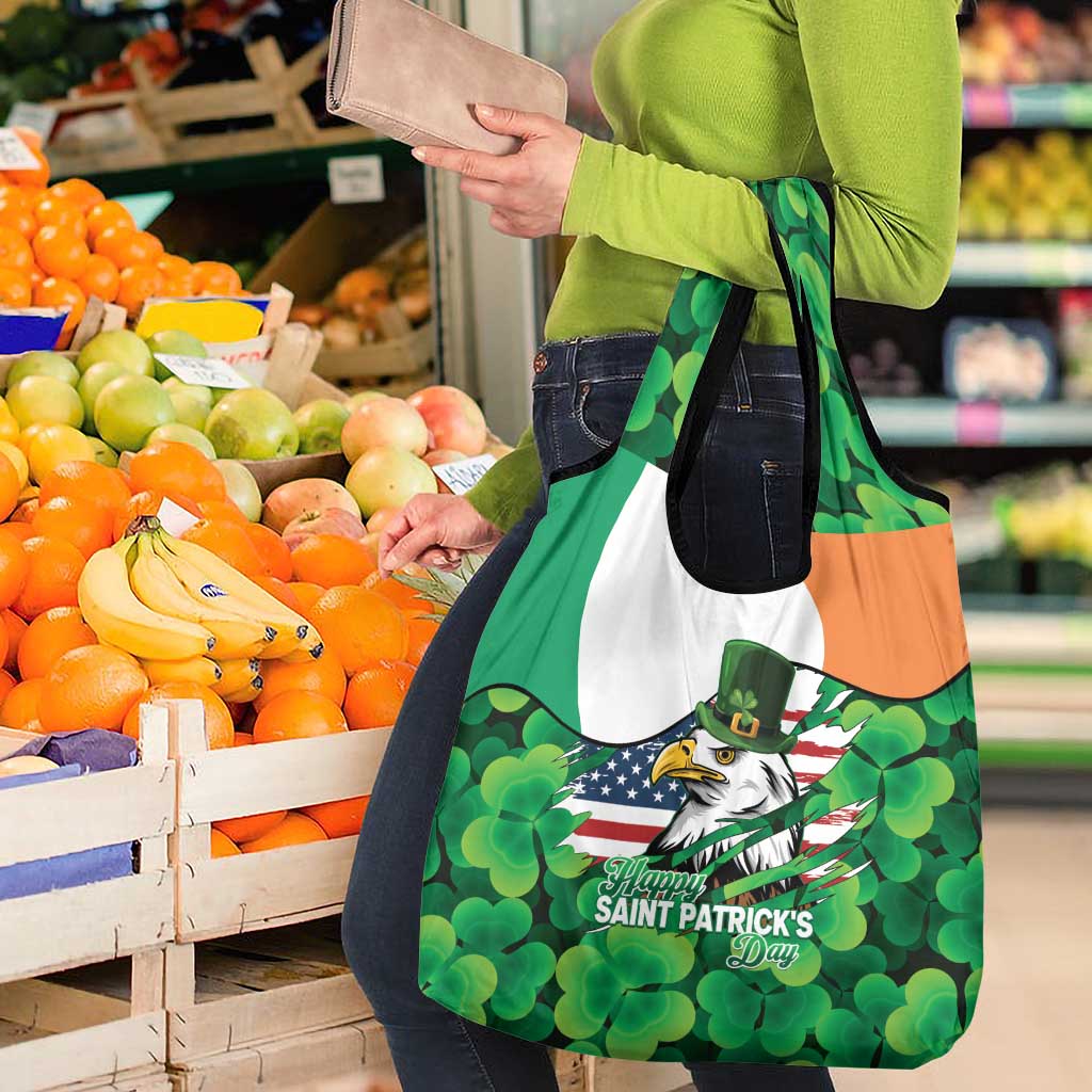 Irish American St Patrick's Day Grocery Bag USA Eagle Leprechaun Hat Shamrock Pattern
